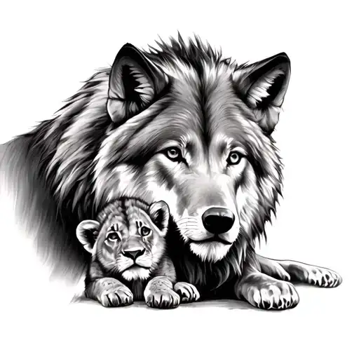 Wolf With Lion Cub Laying