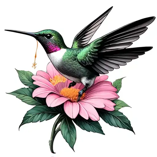 Humming Bird Sucking From A Pink Lady Flower Thin Lines All Black
