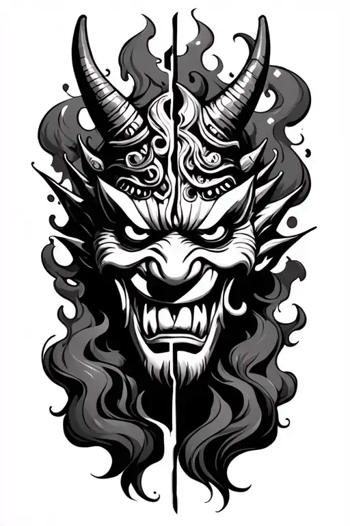 Half Oni Mask Split With Smoke Rising From Behind It