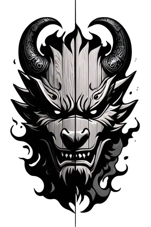 Half Wooden Oni Mask Split With Smoke Rising From Behind It