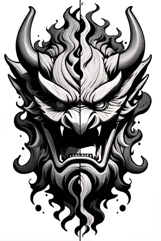 Half Wooden Demon Oni Mask Split With Smoke Rising From Behind It