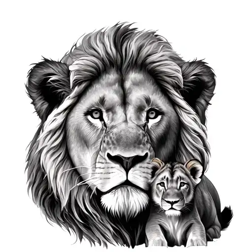 Male Lion Protecting Two Female Cubs