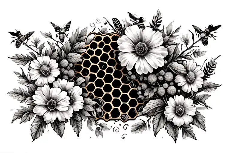 Honey Comb With Bees With Flowers That Are Delicate And Wild