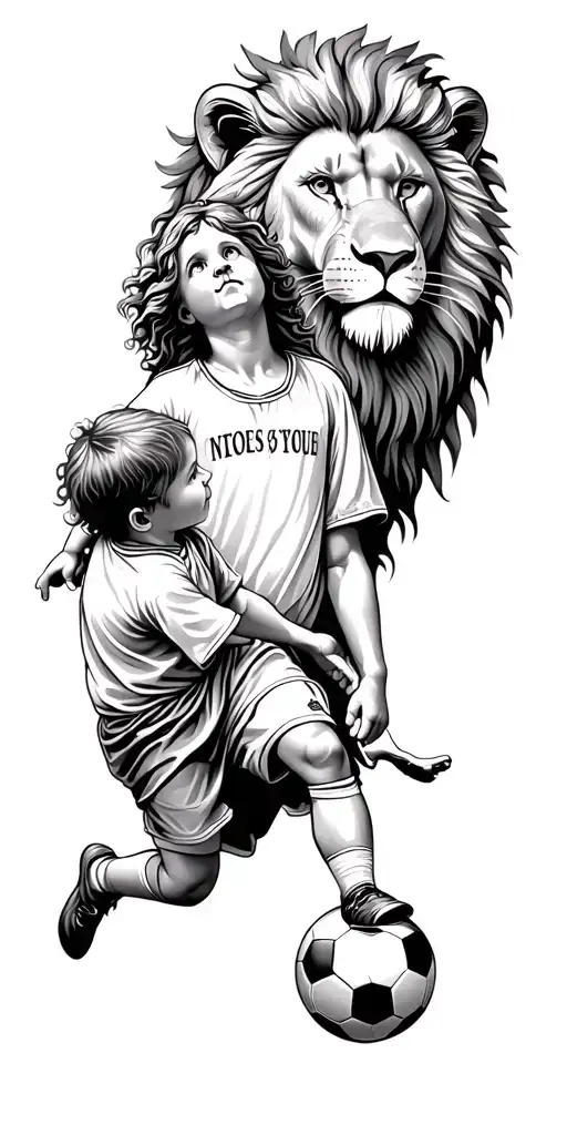 Lion Head With Saint Mary Over A Child Playing Soccer