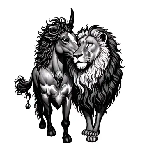 A Centaur With A Lion Kissing Each Other