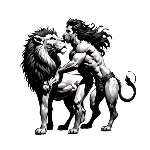 A Centaur Man With A Lion Kissing Each Other