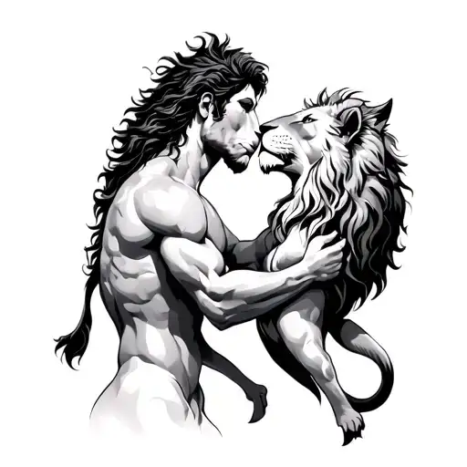 A Centaur Man With A Lion Female Kissing Each Other