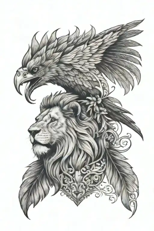 Lion Nad Raven Bird Tatto