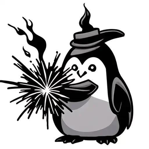 Penguin Holding A Firework Bursting With Flames