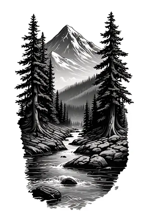 Forest With River Flowing And Mountain In Background