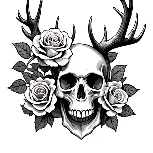 Skull And Antlers With Roses Growing