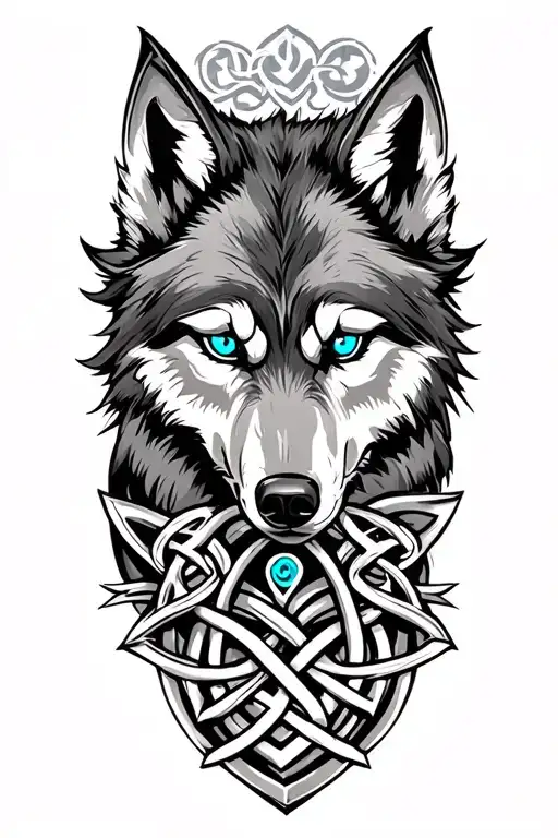 Wolf With Blue Eyes On Armor Tattoo Design Featuring Celtic Trinity Knot With Karma