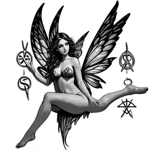 Fairy Waving Her Legs With Sigil For Money And Sigil For Health In Her Wings