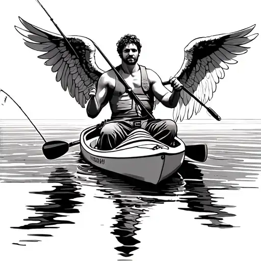 Man With Angel Wings Sitting In A Kayak Fishing