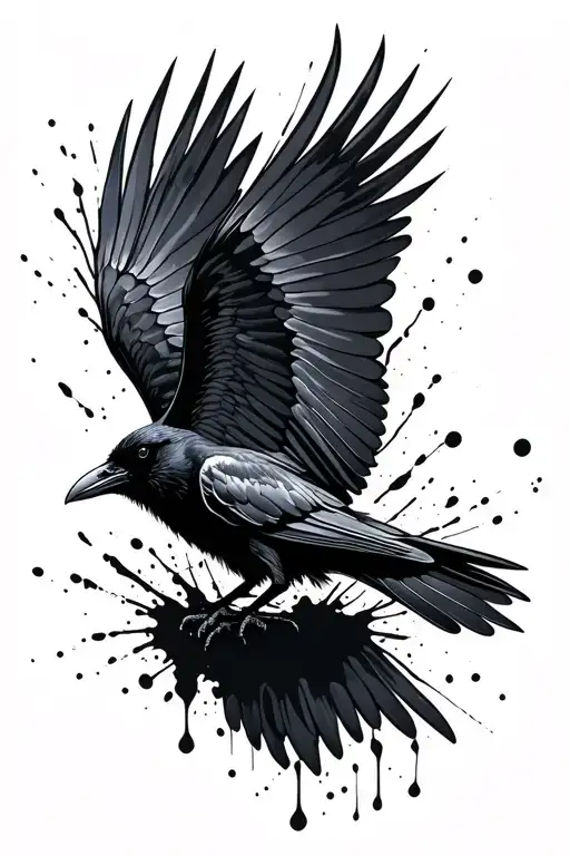 Crow In Flight With Ink Splat