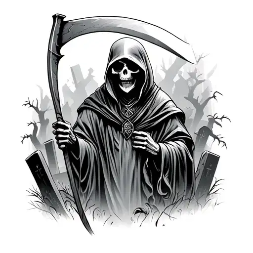 Grim Reaper With Scythe And With Some Graveyard Scene