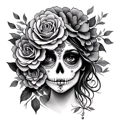 Black And Gray Tattoo Of A Beautiful Catrina