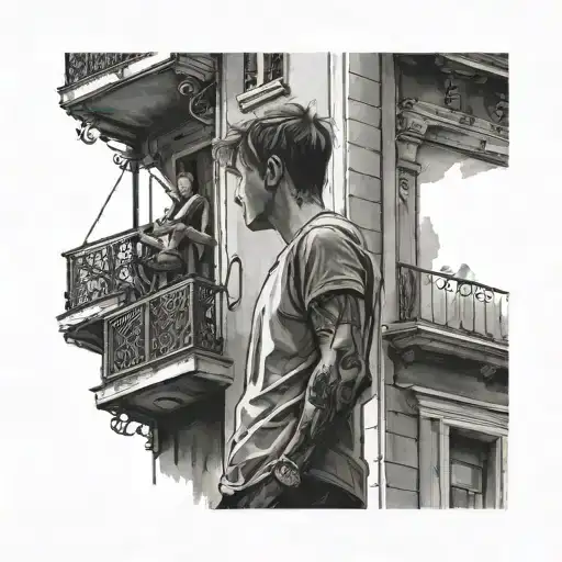 Boy In The Street Watches A Girl Standing In The 2Nd Floor Balcony