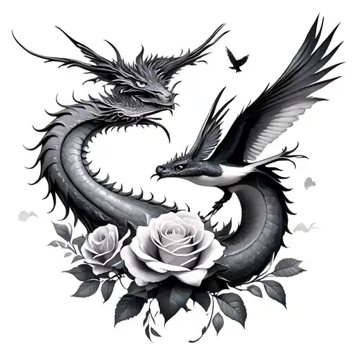 Dragon Roses Birds Flying Away