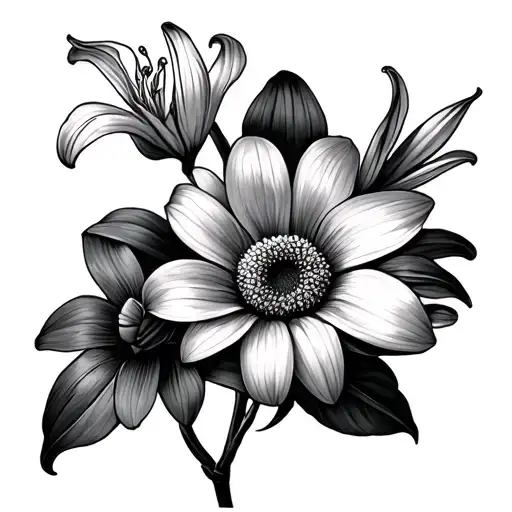 One Daisy Flower With One Orchid And One Lily Flower