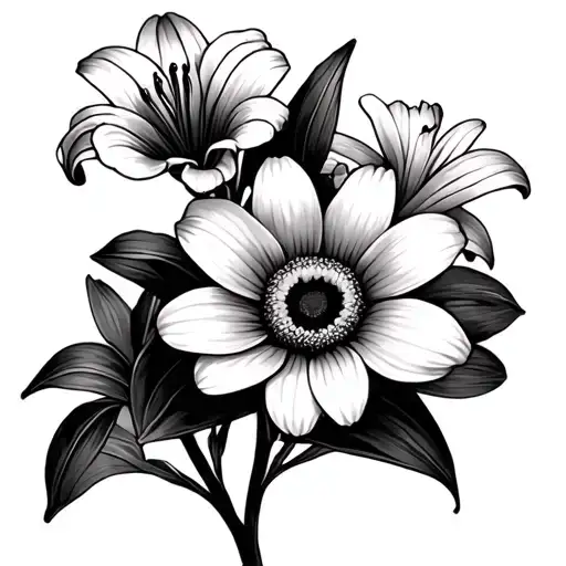 One Daisy Flower With One Orchid And One Lily Flower Simple