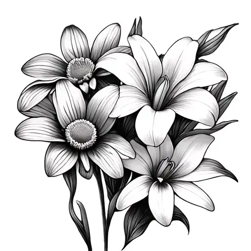 One Daisy Flower With One Orchid And One Lily Flower Simple