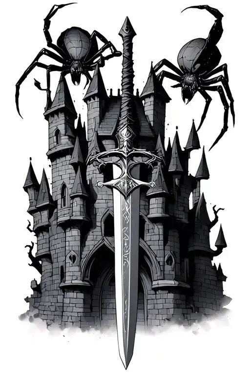 Cyber Sigilism Dark Castle With A Spider And A Sword