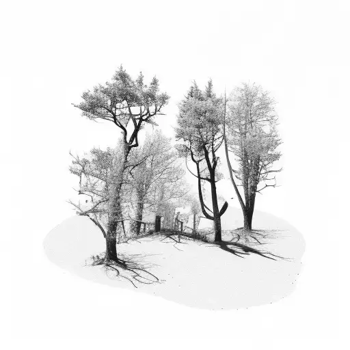 Burnt Tree On A Hill With A Destroyed Building On One Side