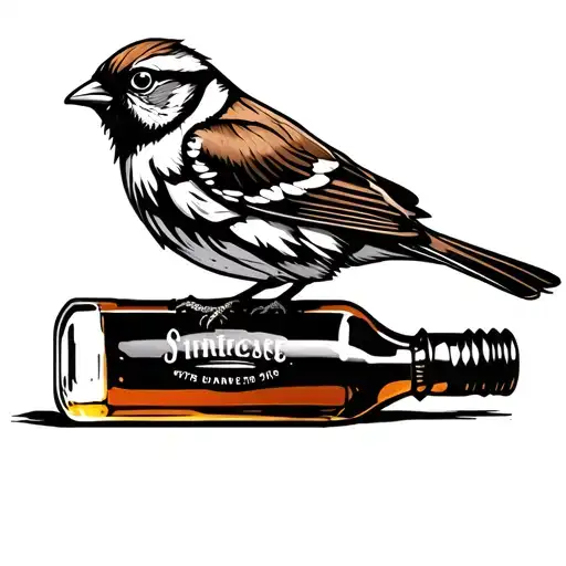 Traditional Sparrow Stood On A Whiskey Bottle Covered In