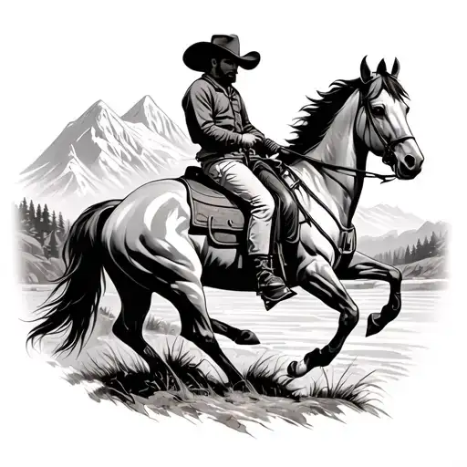 Cowboy Riding A Horse In Moutains And River Western