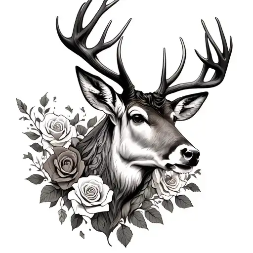 A Stag With Roses Tangled In It's Antlers Intertwined