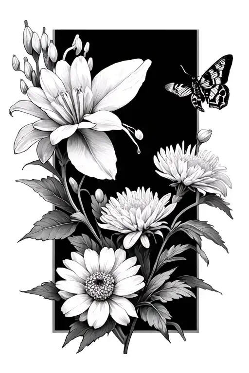 Lilly Of The Valley And Chrysanthemum And Moth Fine Line