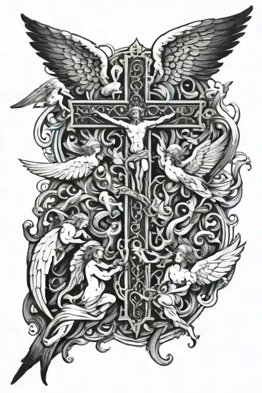 A Cross In The Middle Surrounded By Angels And The Angels Surrounded By Fire Like They In Hell