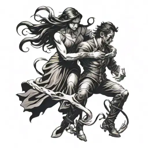 Dark Entity's Dragging A Figure Down With A Shadowy Figure Of A Woman Helping The Figure Back