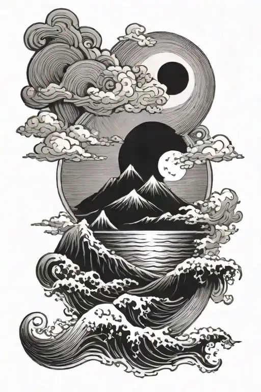 Sun Mountains Moon Ocean Waves
