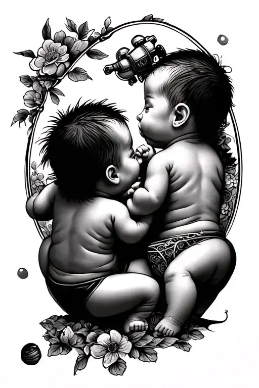 Yakuza Style Back Tattoo Of Two Babies Playing With Toys