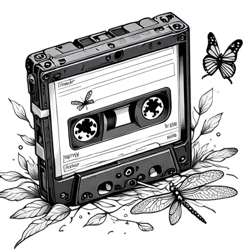 Dainty Fine Line Cassette Tape With Small Dragonfly And Butterfly On It