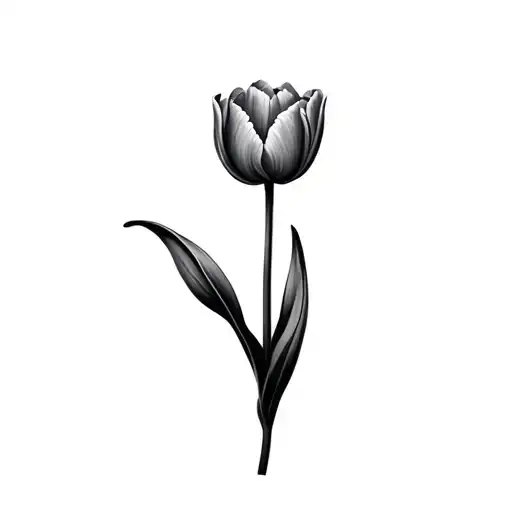 Black And Grey Dutch Tulips Curved Slightly With Leaves On A Stem