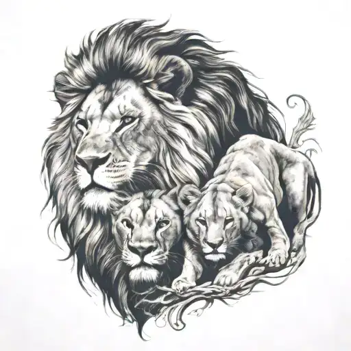 Lion And A Lioness With Cub