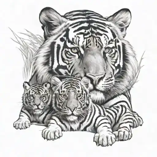 Male And Female Tiger With Cubs Face Only