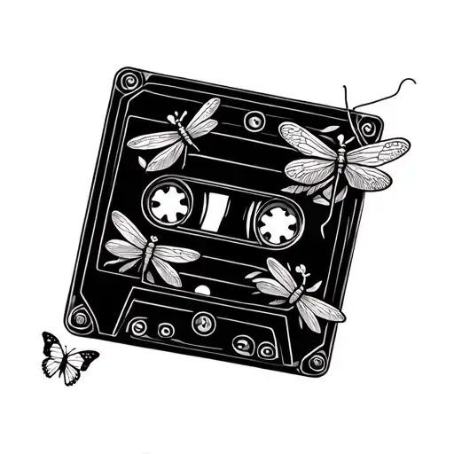 Dainty Fine Line Cassette Tape With Small Dragonfly And Butterfly On It
