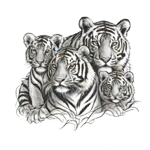 Male And Female Tiger With 2 Cubs Face Only