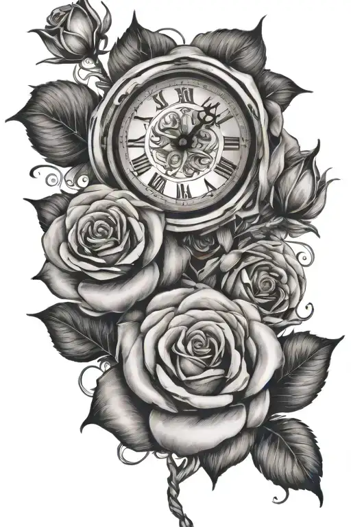 Rose Intertwined With Two Clocks
