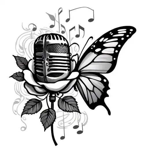 Rose And Butterfly Microphone Intertwined With Musical Notes
