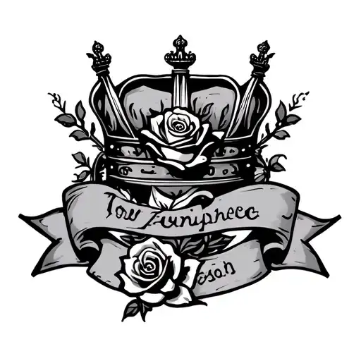 Neo Traditional Rose And Crown With Tow Banners With Text