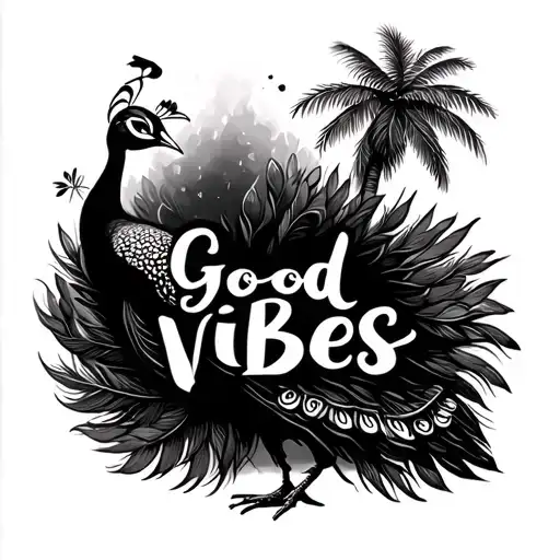 Peacock With Feathers On Display And A Palm Tree Behind Saying Good Vibes Somewhere On It