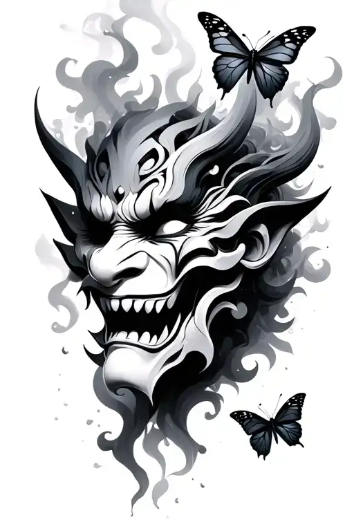 Oni Mask In Smoke With Butterflies