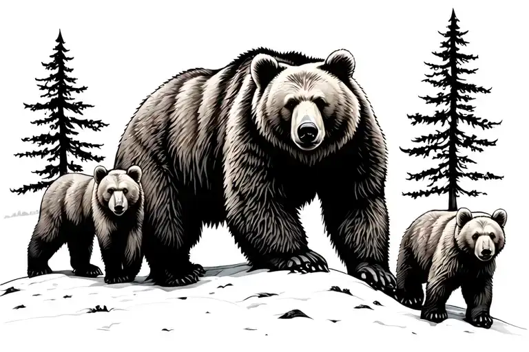 Bear With Bear Cubs Walking Along