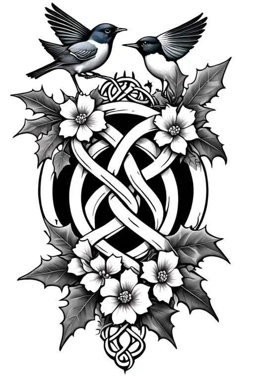 Sisterhood Celtic Knot Design Incorporating Holly Flowers And Birds