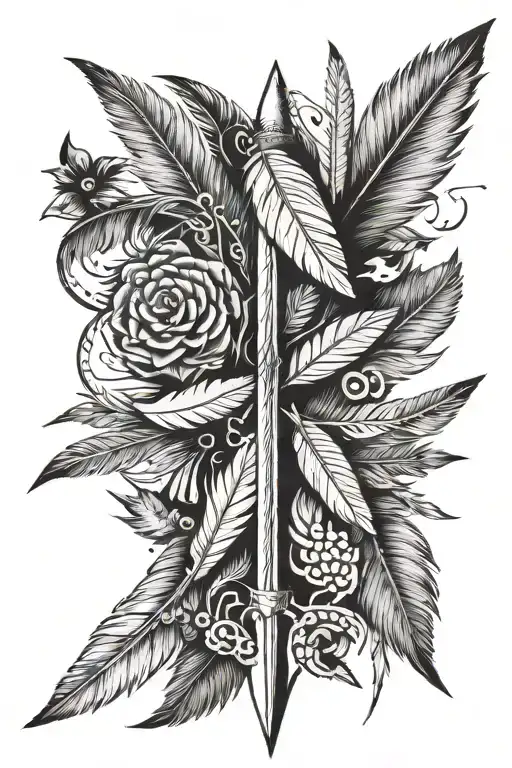 Vertical Arrow With Feathers And Small Animals In The Straight Part Of Arrow